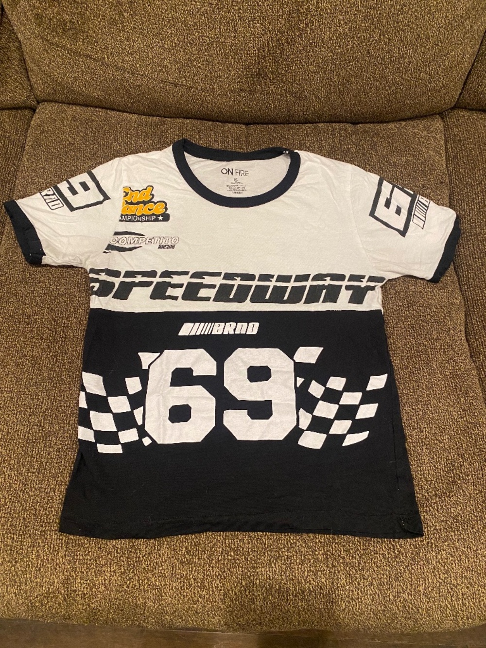 On Fire Speedway Graphic T-Shirt | Size Small | Black & White Racing Tee